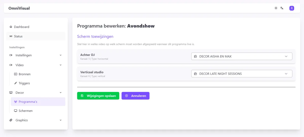 Per programma instellen wat de decorschermen tonen