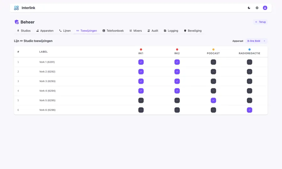 Interlink: codecbediening en tally per studio — foto 3