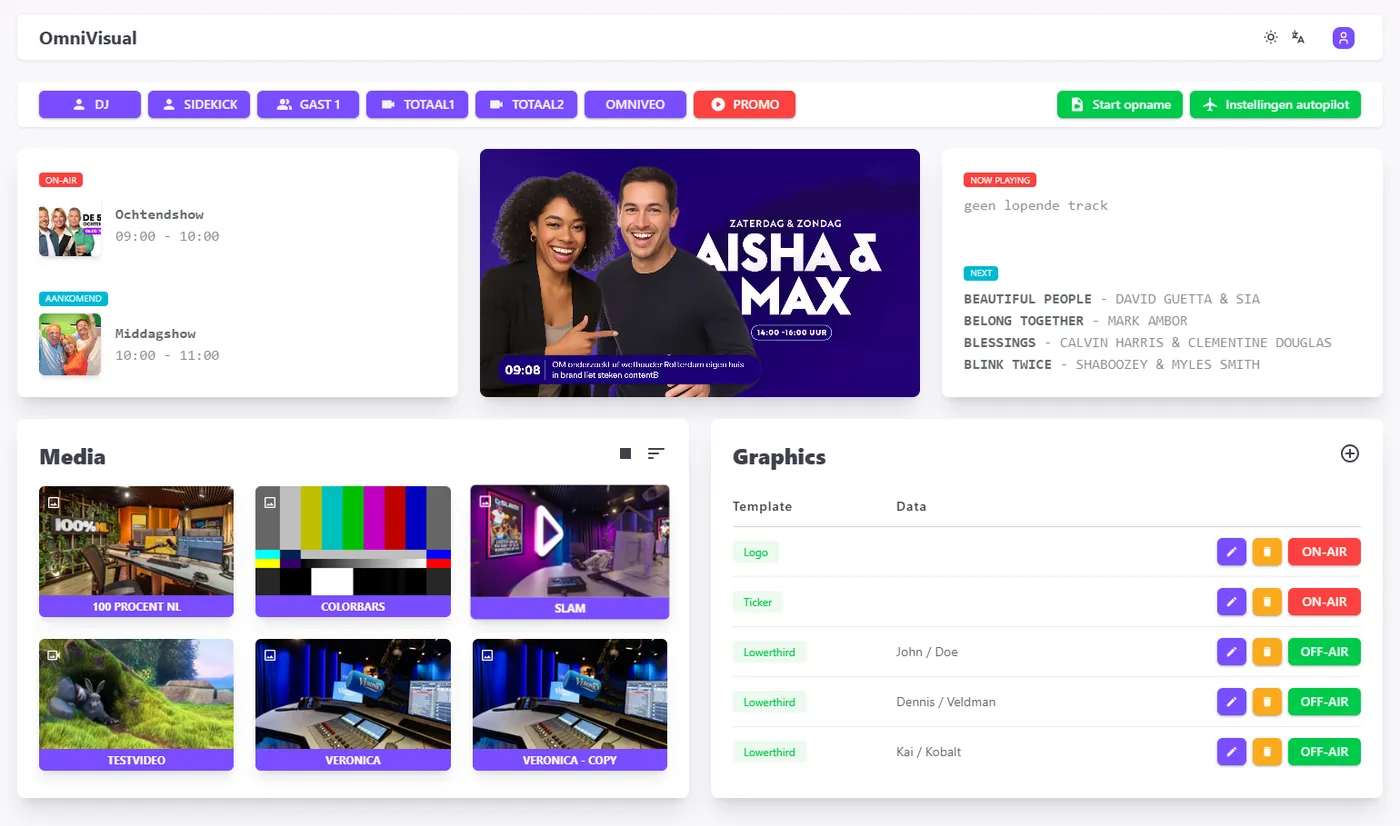 Het live dashboard van OmniVisual met camera's, show, tracks, media en graphics
