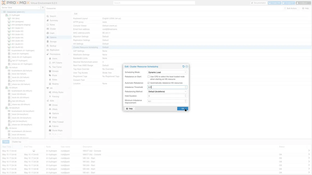 Instellingen voor dynamische load balancing in Proxmox VE