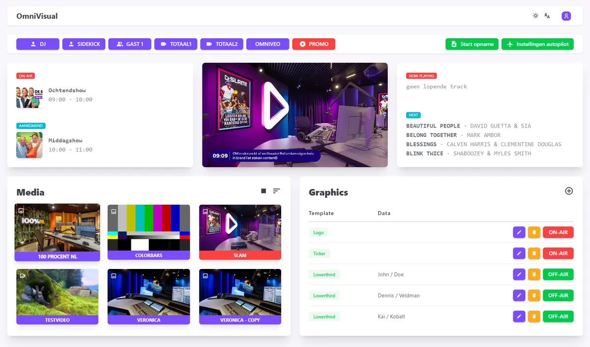 Het dashboard terwijl OmniVisual een videoclip in beeld brengt